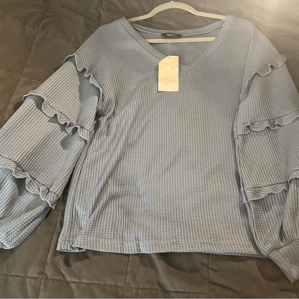 Knox Rose Light Blue Ruffle Sleeve Blouse